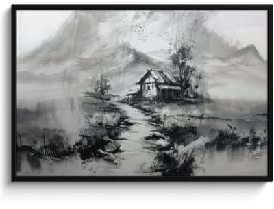 Poster in lijst - Fotolijst 120x80 cm - Posters - Hut - Grijs - Bergen - Mistig - Posterlijst zwart - Decoratie - Wanddecoratie woonkamer - Muurdecoratie slaapkamer
