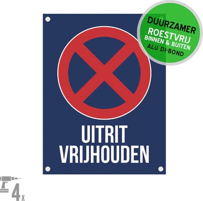 Pictogram/ bord Dibond + boorgaten | "Uitrit vrijhouden" | 27 x 36 cm | Marine blauw | Bord E3 | Donkerblauw | Verboden te parkeren | Privaat | 1 stuk