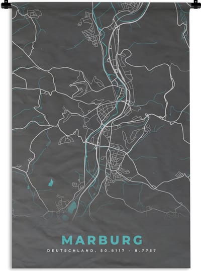 Wandkleed - Wanddoek - Stadskaart – Kaart – Marburg – Blauw – Duitsland – Plattegrond - 120x180 cm - Wandtapijt