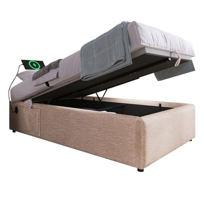 VVBV Gestoffeerd Opbergbed 90x200 cm - USB-C, Hydraulische Opbergruimte, Lattenbodem, Linnen, Massief Hout, Zonder Matras