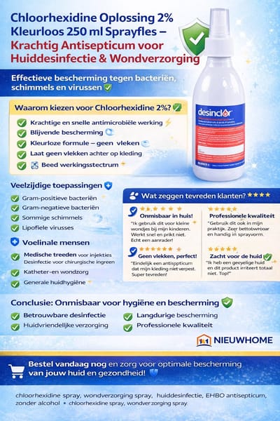 250 ml Chloorhexidine Oplossing 2% Kleurloos Effectief tegen Gram-positieve Bacteriën, Sommige Schimmels, Sommige Lipofiele Virussen. Sprayfles.