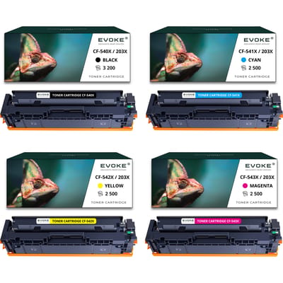 Evoke compatibele toner voor Hp 203X Cf540X Cf541X Cf542X Cf543X en Canon Crg-054H Crg054H 4X Cmyk: Zwart, Cyaan, Geel, Magenta Color Laserjet Pro M254Dn M254Dw M254Nw M280Nw M281Cdw M281Fw M281Fdn