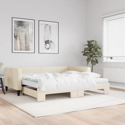 vidaXL - Slaapbank - met - onderschuifbed - en - matrassen - 100x200 - cm - stof - crème