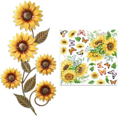 Dailygoods - 1 Stuk Zonnebloem Decoratie En 1 Muursticker, Metalen Bloemvormige Muurdecoratie, Binnen-En Buitenatmosfeer Kunstdecoratie, Geschikt Voor Binnenplaats, Woonkamer, Balkon.