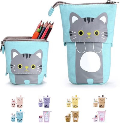 LIXIN Staande Etui - Blauwe Kat - Pennenzak voor jongens en meisjes - Canvas - Linnen - School etui - Staande etui voor kinderen en volwassenen - School - Terug naar school - Back to school - Leuke telescopishe pennenhouder - Leuk etui - Gift- Cadeau
