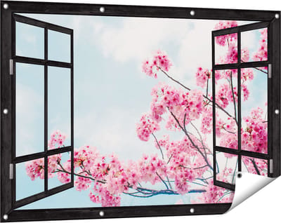 Gards Tuinposter Doorkijk Roze Bloesemboom - Bloemen - 120x80 cm - Tuindoek - Tuindecoratie - Wanddecoratie buiten - Tuinschilderij