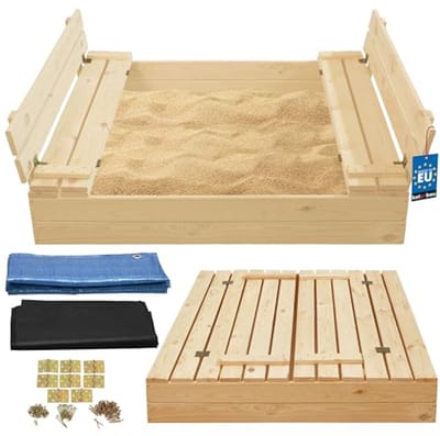 KOTARBAU® Houten Zandbak - 120 x 120 cm - Natuurlijk - Zandbak met Deksel - en Bankjes - Met Grondzeil - Buitenspeelgoed