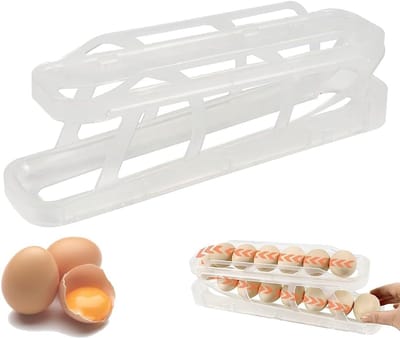 Famanu – Eierdispenser rolhouder - 2-laags eierhouder voor koelkast - automatisch rollende eieropslagcontainer voor 12-14 eieren om ruimte in de koelkast te besparen (transparant)