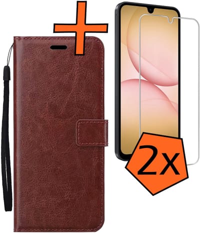Hoes - Met 2x Screenprotector - Geschikt voor Samsung Galaxy A17 - Luxe Pasjeshouder - Bookcase Portemonee - Flip Case - Kunstleer Book Case - Flipcase Hoes - Book Cover - Walletcase - PortemonneeHoes - Bruin