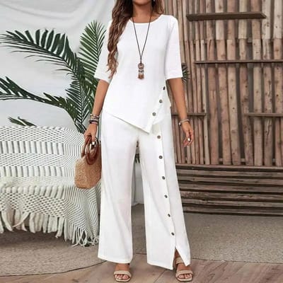 Costume pantalon à ourlet irrégulier pour femme Élégant Mode Décontracté Chemise à demi-manches boutonnée Ensemble deux pièces ample XL blanc