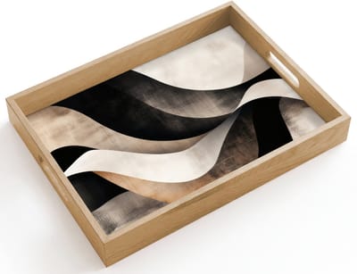 Dienblad hout 40x30 cm - Schootdienblad - Abstract - Golven - Zwart - Verweerd - Borrelplank rechthoek - Plateau dienbladen
