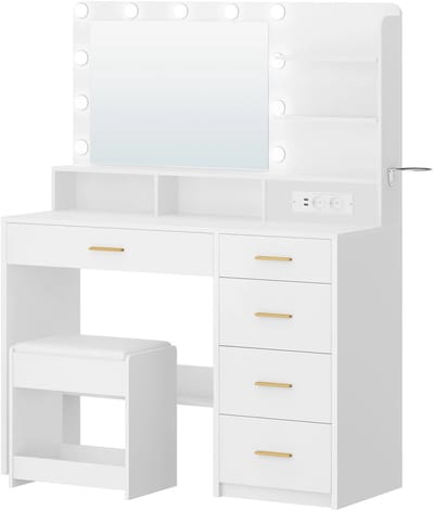 Dressing Table – Voor Slaapkamer en Make-up – Kaptafel met Grote Spiegel, 10 LED-Lampen, Stopcontact en Föhn Houder – Inclusief Kruk – Wit