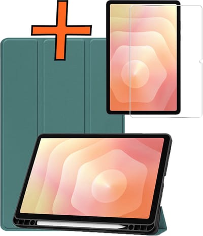 Hoesje - Geschikt voor Samsung Galaxy Tab S11 - Met Screenprotector - Trifold Bookcase - Hard Cover Case - Met Uitsparing Geschikt voor S Pen - Hardcover Book - Tablet Hoes - Donkergroen