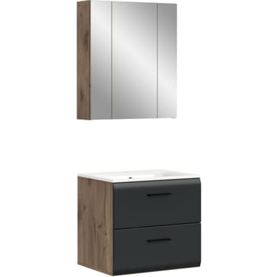 Badcombinatie met Wastafel en Spiegelkast - Zwart Mat en Eiken Look - 60 cm