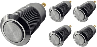 ProRide Mini Pulsschakelaar Normally Open - 12mm Metaal - 12V/24V - Platte Knop - Zilver - 5 stuks