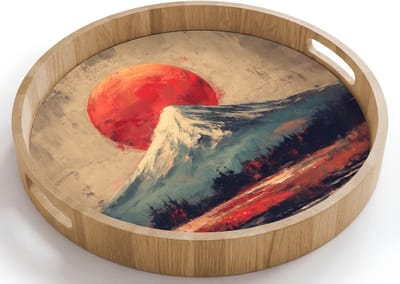 Dienblad rond 40x40 cm - Schootdienblad hout - Bergtop - Sneeuw - Zon - Borrelplank rechthoek - Plateau houten dienbladen