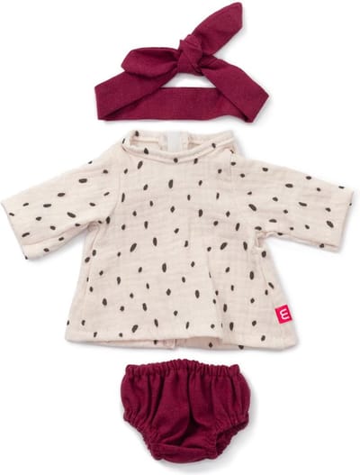 ML Poppen: KLEDIJ SET wit/bordeau voor meisje 38cm, 3-delig, kleedje, broekje  en haarlint, met kleerhanger, 3+