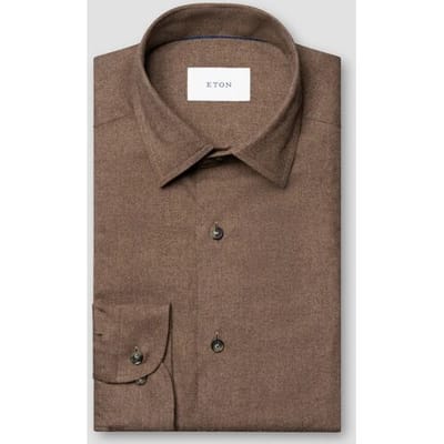 Eton Overhemd Solid Color Double-Twisted Yarn Cotton Flanel Bruin / male