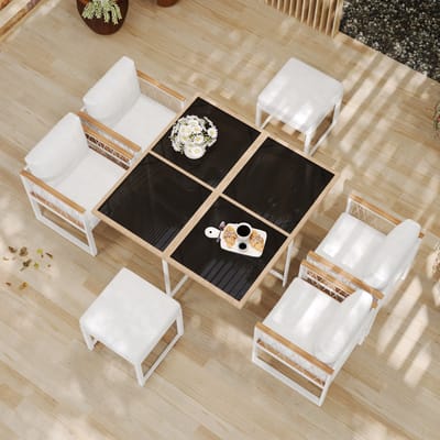 HAUSS SPOLE Tuinset 7 Delig - Voor 6 Personen - Met Tafel Van Gehard Glas En WPC Armleuningen - Voor Tuin En Terras - Metaal En Rattan - Wit Zwart Natuurlijk