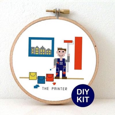 Manlijke schilder borduurpakket | Beroepen borduurpakketten | Man huisschilder | kado voor schilder |  klusser DIY kado idee |  Borduurpakket voor beginners inclusief borduurring, DMC borduurgaren, Aida borduurstof, Borduurnaald en instructies