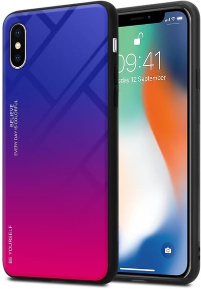 Cadorabo Hoesje geschikt voor Apple iPhone X / XS in PAARS - ROOD - Tweekleurige beschermhoes van TPU-silicone Case Cover en achterzijde van gehard glas