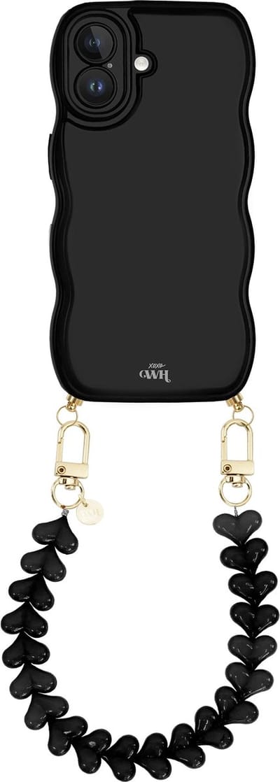 xoxo Wildhearts Glossy Wavy Cord Case Black - Funky Hearts (Zwart) - geschikt voor iPhone 16 - hoesje met koord - telefoonkoord met hartjes - golvend hoesje - silicone case - schokbestendig - zwart