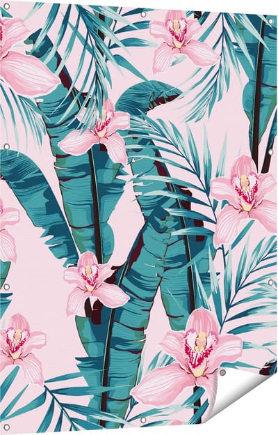 Gards Tuinposter Tropische Roze Zomer Bloemen met Bladeren - 90x120 cm - Tuindoek - Tuindecoratie - Wanddecoratie buiten - Tuinschilderij
