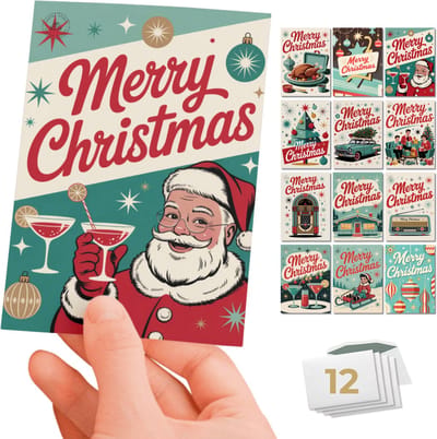 Inspra Studio – Luxe Kerstkaarten met Enveloppen – 12 Stuks – Jaren 50 Wenskaarten Set 1+2 – Artistieke Illustraties met Nostalgische Retro Stijl