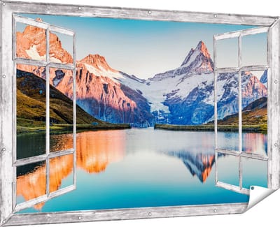 Gards Tuinposter Doorkijk Bergen Landschap bij het Meer - 180x120 cm - Tuindoek - Tuindecoratie - Wanddecoratie buiten - Tuinschilderij