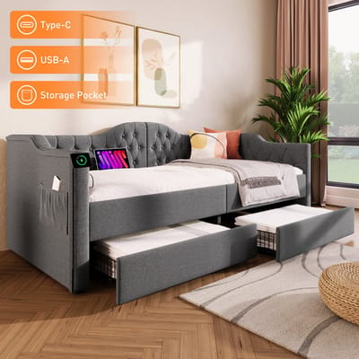 Gestoffeerd bed, slaapbank, bedframe met opbergruimte, bedframe met USB Type-C oplaadfunctie en 2 lades, 90x190cm in grijs linnen (zonder matras)
