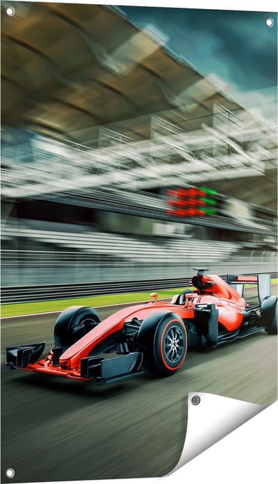 Gards Tuinposter Formule 1 Auto bij de Finish in het Rood - 60x90 cm - Tuindoek - Tuindecoratie - Wanddecoratie buiten - Tuinschilderij