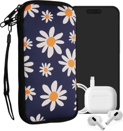 kwmobile hoesje voor smartphones XL - 6,7/6,8" - hoes van Neopreen - Madeliefjes design - blauw / wit / geel - binnenmaat 17,2 x 8,4 cm