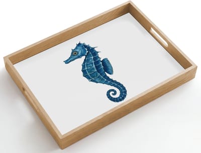 Dienblad hout 50x35 cm - Schootdienblad - Zeepaardje - Staart - Blauw - Borrelplank rechthoek - Plateau dienbladen