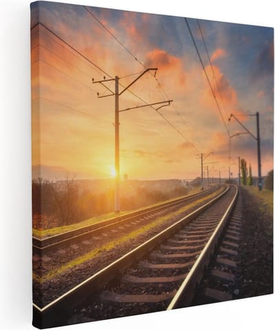Artaza Canvas Schilderij Zonsondergang Treinspoor - 30x30 cm - Klein - Wanddecoratie Landschap - Muurdecoratie Natuur - Kamer Accessoires Woonkamer