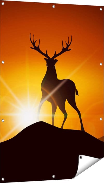Gards Tuinposter Hert op een Berg - Abstract - Silhouet - 80x120 cm - Tuindoek - Tuindecoratie - Wanddecoratie buiten - Tuinschilderij