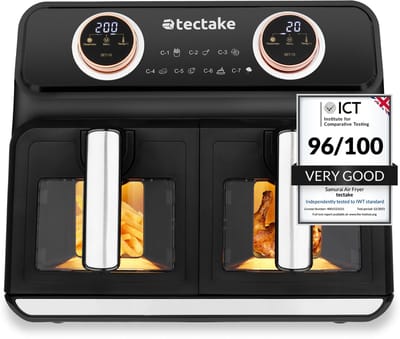 tectake® Dubbele Airfryer Samurai - Airfryer XXL - 8L inhoud - 2400W - 7 bakprogramma's - 2 Lades - Dubbele mand - Dual zone technologie - Heteluchtfriteuse