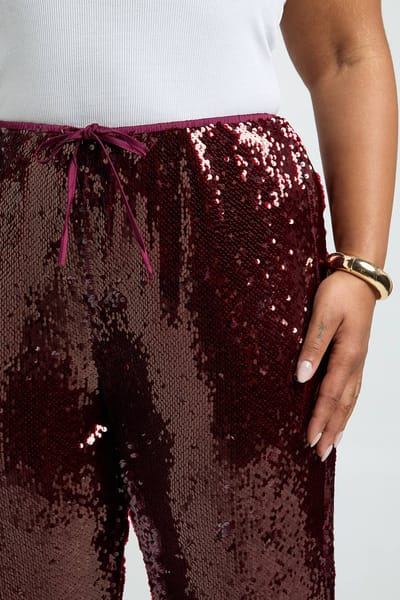 boohoo Dames Plus Low Rise paillettenbroek met trekkoord-tailleband | Wine | Maat: 16