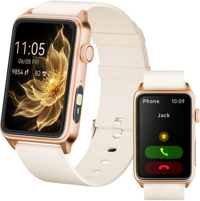 RAYOFI - Smartwatch - Nieuwe damessmartwatch 2026 - 1,57-inch sporthorloge - Hartslagmeting - Volledig touchscreen - Vierkant ontwerp - Stijlvol damessporthorloge - Goud - Twee bandjes - Compatibel met Android 5.0+ / iOS 10.0+