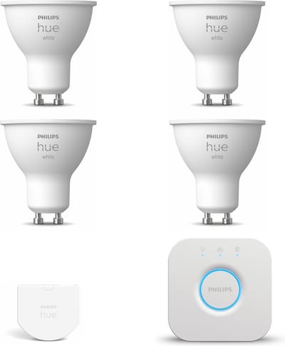 Philips Hue Starterspakket - GU10 - met 4 Spotjes - Warmwit Licht - Incl. 1 Hue Bridge, 1 Hue Wall Switch - Hue White