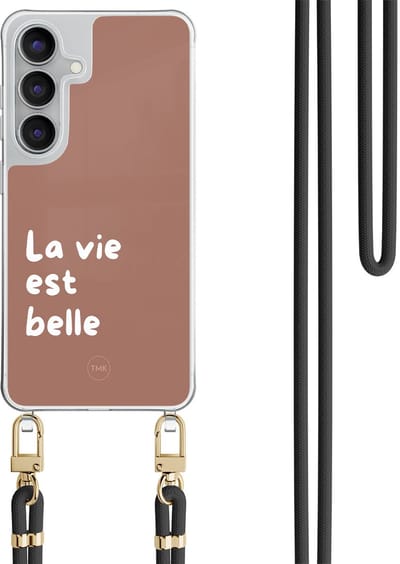 Telefoonhoesje met koord geschikt voor Samsung S25 FE - La vie est belle - Inclusief Zwart koord - Transparant, Bruin - Tekst - Crossbody beschermhoes - Met Telefoonketting
