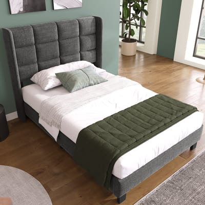 MODENUIT Gestoffeerd Bed 90x200 cm – Hoog Hoofdbord met Lattenbodem – Houten Latten en Stalen Constructie – Zonder matras – Grijs