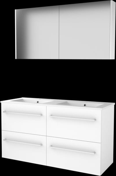 Basic Comfort 46 badmeubelset met spiegelkast, wastafelonderkast met grepen, 4 lades en porseleinen wastafel met 2 kraangaten 120 x 46 cm, ice white