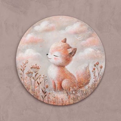 Rond canvas schilderij ⌀60 cm handgeschilderd vosje slim charmant – YS-Art Gallery – Schattige wanddecoratie voor kinderkamer en woonkamer