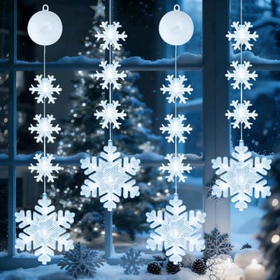 Dailygoods- Kerstverlichting LED - 4 Stuks Sneeuwvlokken - Raamdecoratie - Kerstdecoratie - Zuignap - Geschikt voor Glad Oppervlak