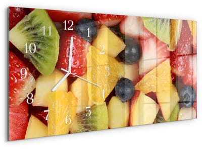 Tulup Wandklok - Fruitsalade Wandklok Glas Decoratie - 60x30 cm - Veelkleurig Gekleurde Glazen Klok - Witte Handen - Rechthoekige Wandklok - Gekleurde Glazen Klok - Glazen Klok Met Print