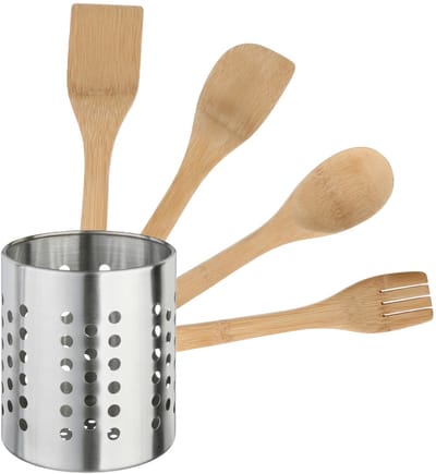 CM Keukengerei - bamboe houten spatels set 4-delig - in RVS houder van H14 cm - Keuken pollepels/spatels