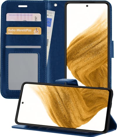 Hoesje - Met Pasjeshouder - Geschikt voor Samsung Galaxy A53 - Luxe Bookcase Portemonee - Flip Case - Kunstleer Book Case - Flipcase - Book Cover - Walletcase - Portemonneehoes - Telefoonhoesjes - Donkerblauw