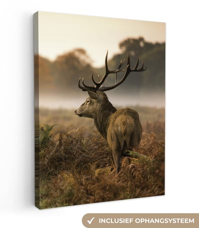 Canvas - Hert - Gewei - Mist - Edelhert - Herfst - Natuur - Canvas schilderij - 30x40 - Schilderijen op canvas - Kamer decoratie