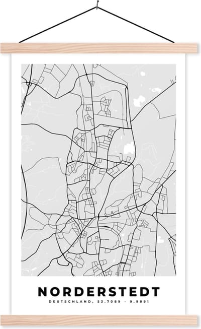 Posterhanger incl. Poster 40x60 cm - Schoolplaat - Norderstedt - Kaart - Stadskaart - Plattegrond - Duitsland - Textielposter - Blanke latten - Stadskaart