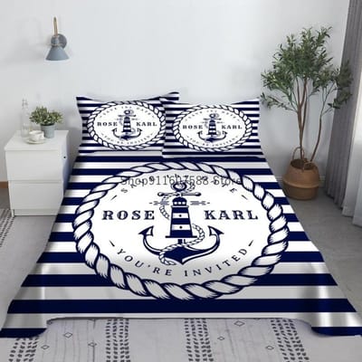 Bootanker Blauw en Witte Strepen Hoeslakenset 3D Geprint Marineblauw Bed Laken met Kussensloop Bedlinnen King Queen Size 110x230cm 2pcs